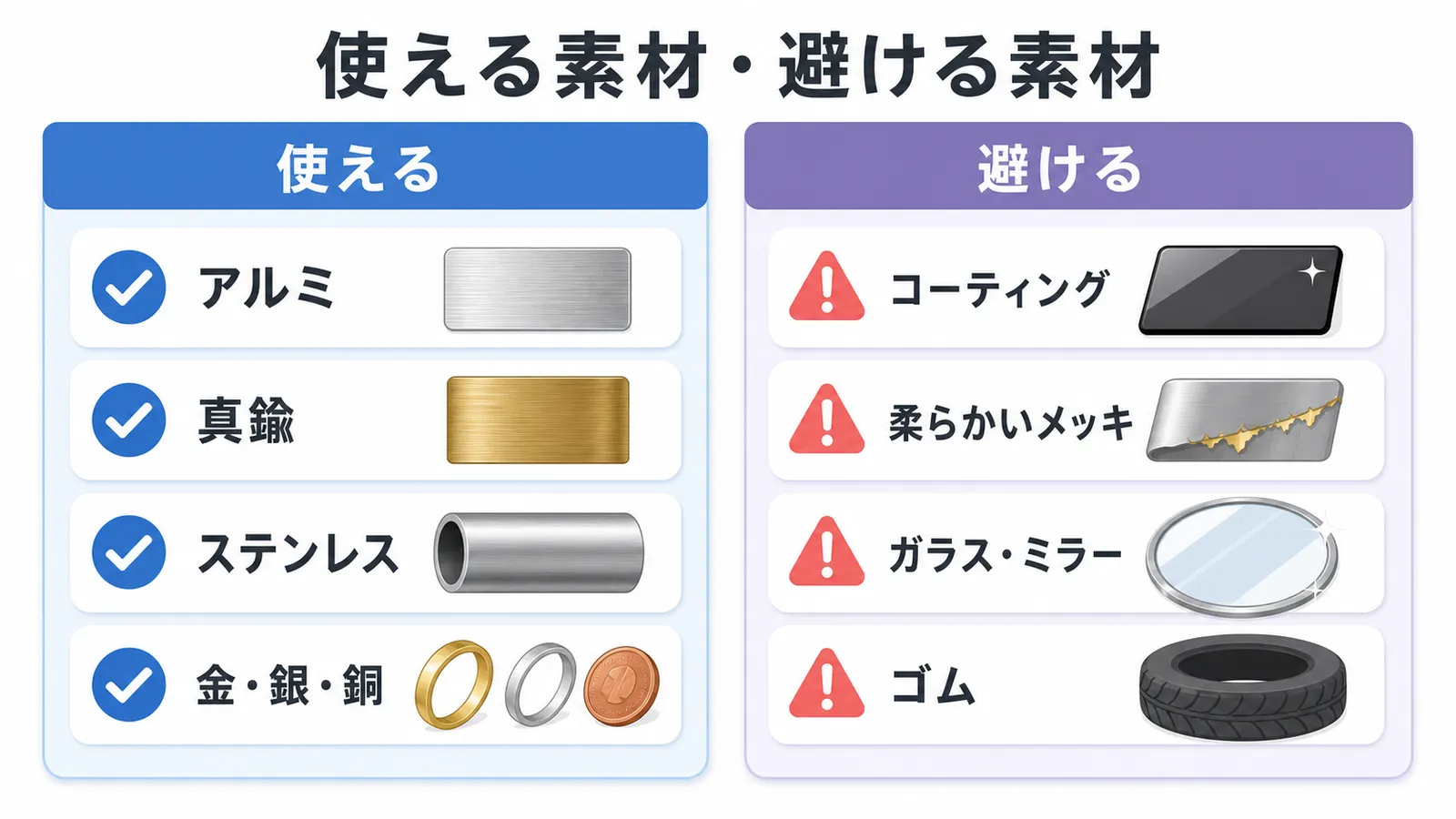 ブルーマジックを使える金属と避けるべき素材の比較