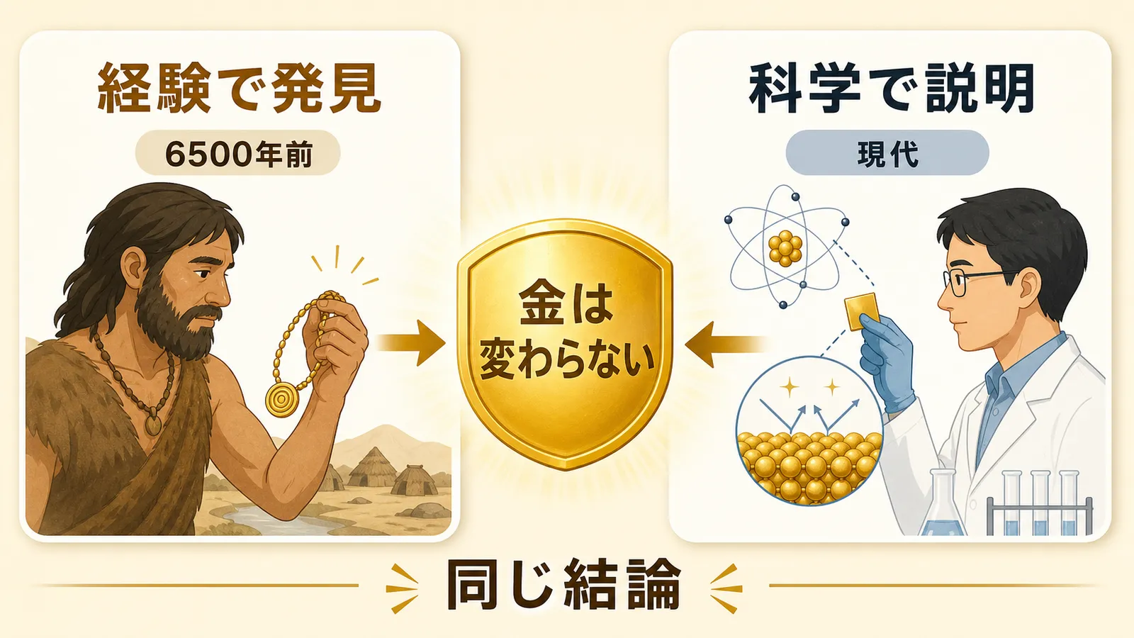 古代の経験と現代科学が金は変わらないという同じ結論に至る図解