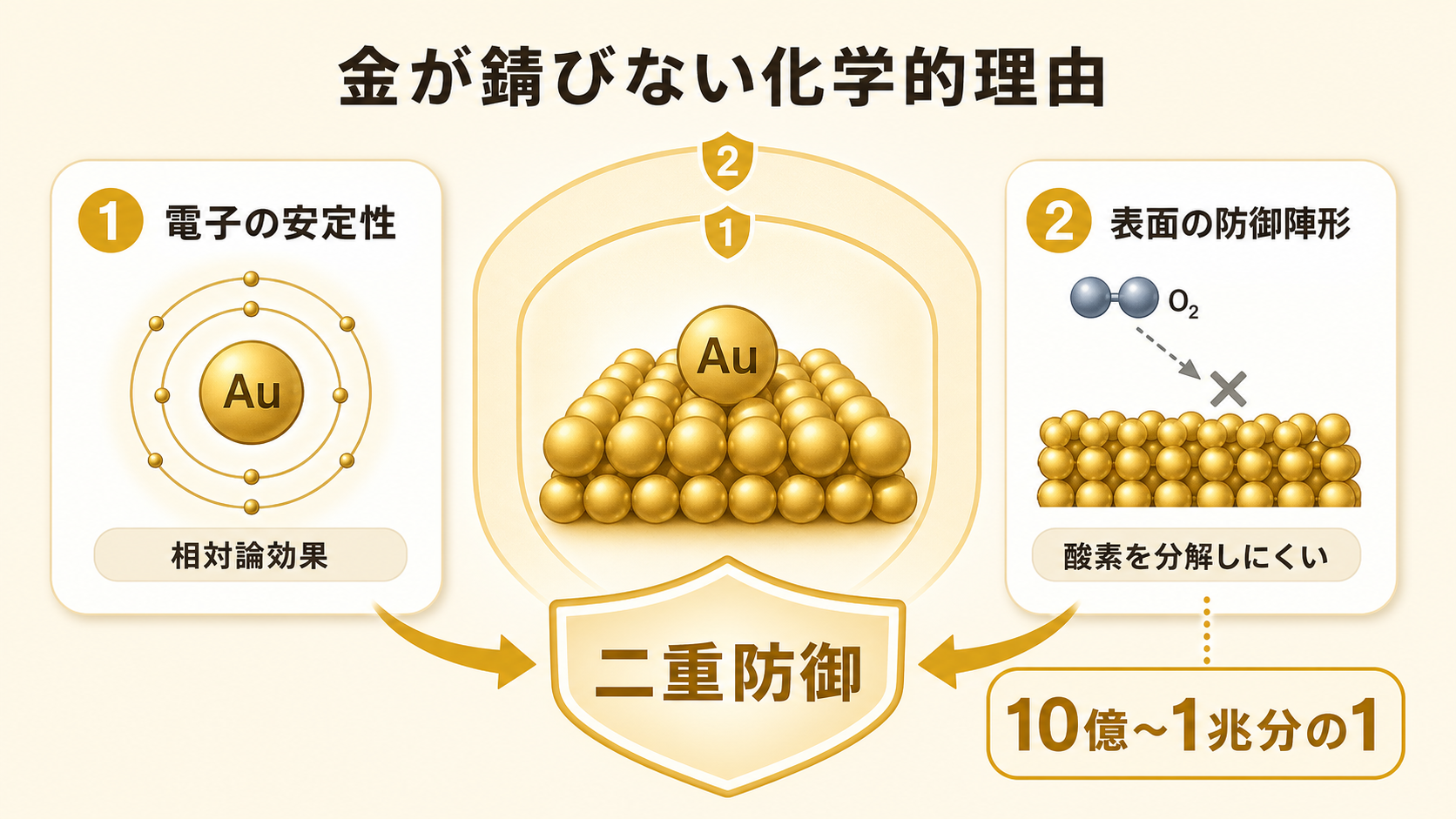 電子の安定性と表面の防御陣形による金の二重防御を示す図解