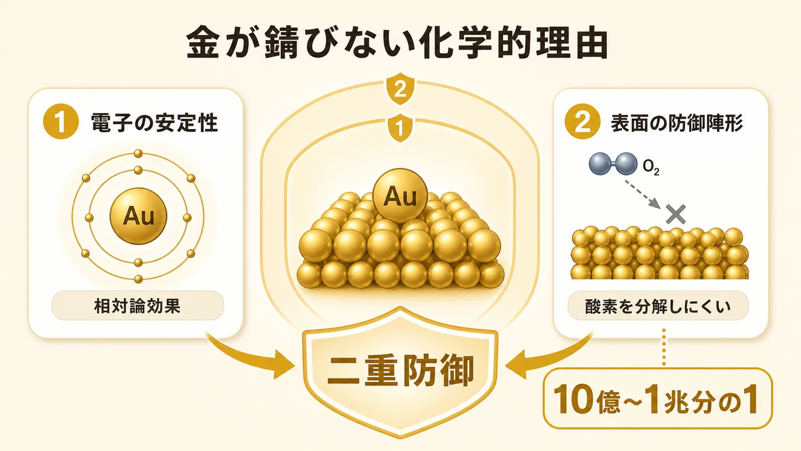 電子の安定性と表面の防御陣形による金の二重防御を示す図解