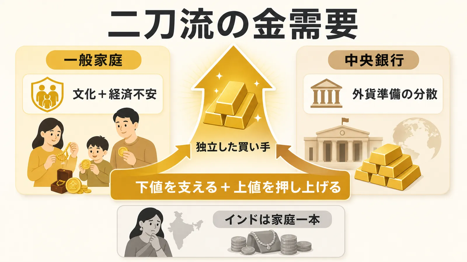一般家庭と中央銀行の独立した二刀流需要が金価格を支える構造の図解