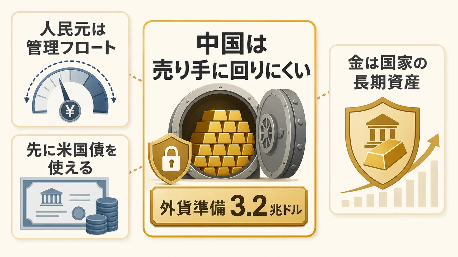 中国が金の売り手に回りにくい3つの理由を示した図解