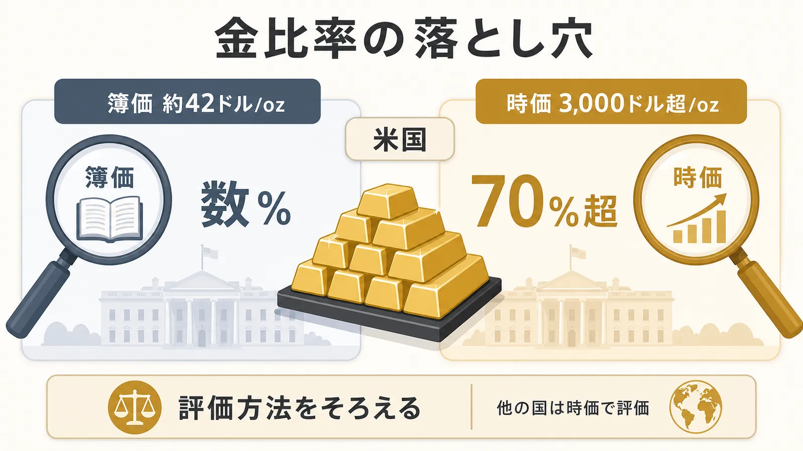 米国の金比率が簿価と時価で大きく変わる評価方法の図解