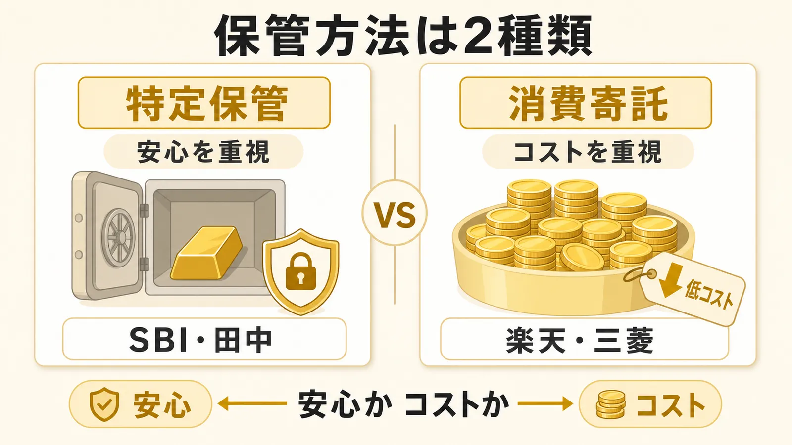 特定保管と消費寄託を安心感とコストの観点で比較した図解
