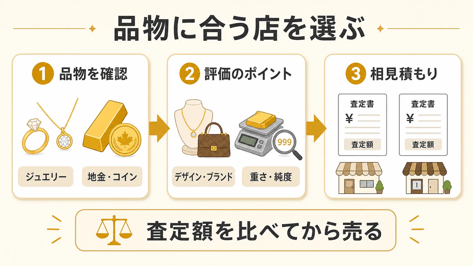 ジュエリーはデザインやブランド、地金やコインは重さや純度を評価し、相見積もりで査定額を比較する流れの図解