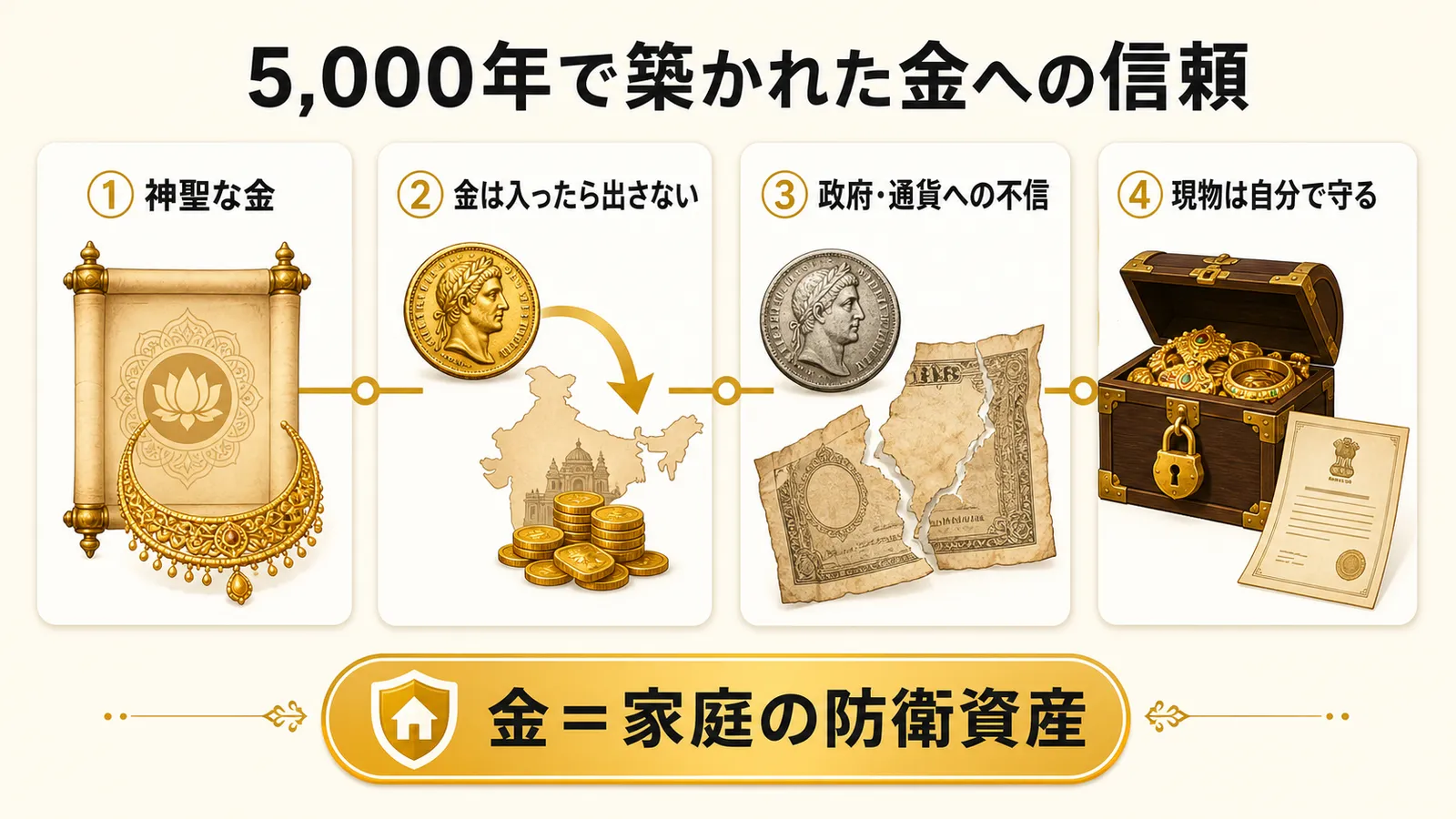 インドで金への信頼が5000年かけて築かれた4つの歴史層の図解