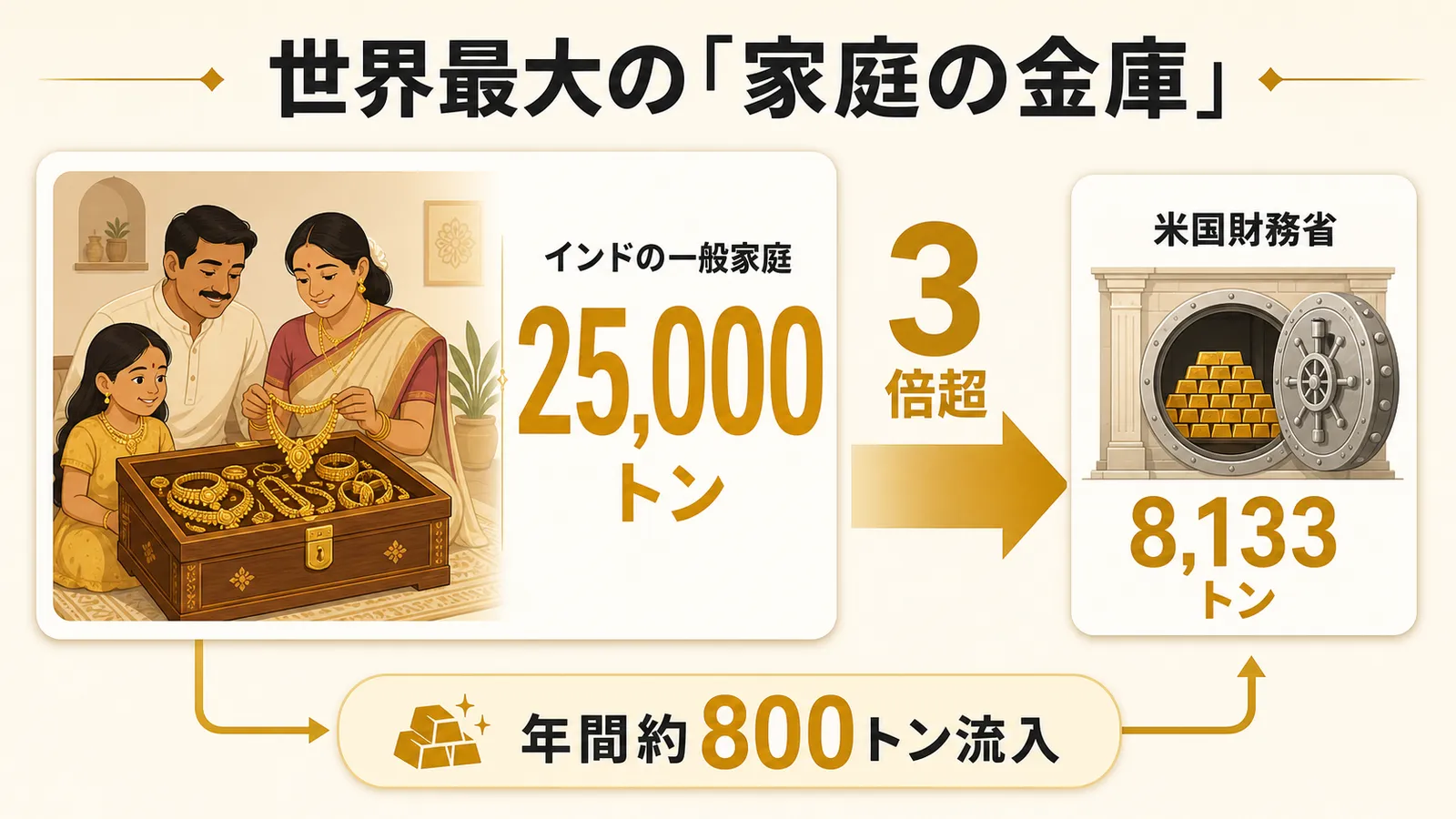 インドの一般家庭25,000トンと米国財務省8,133トンを比較した図解