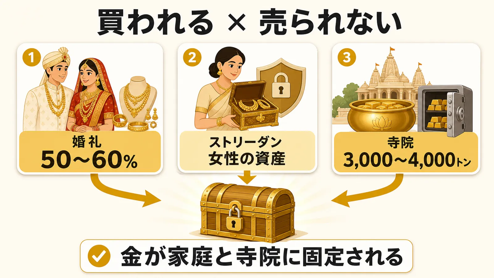 婚礼、ストリーダン、寺院によって金が買われて売られない仕組みの図解