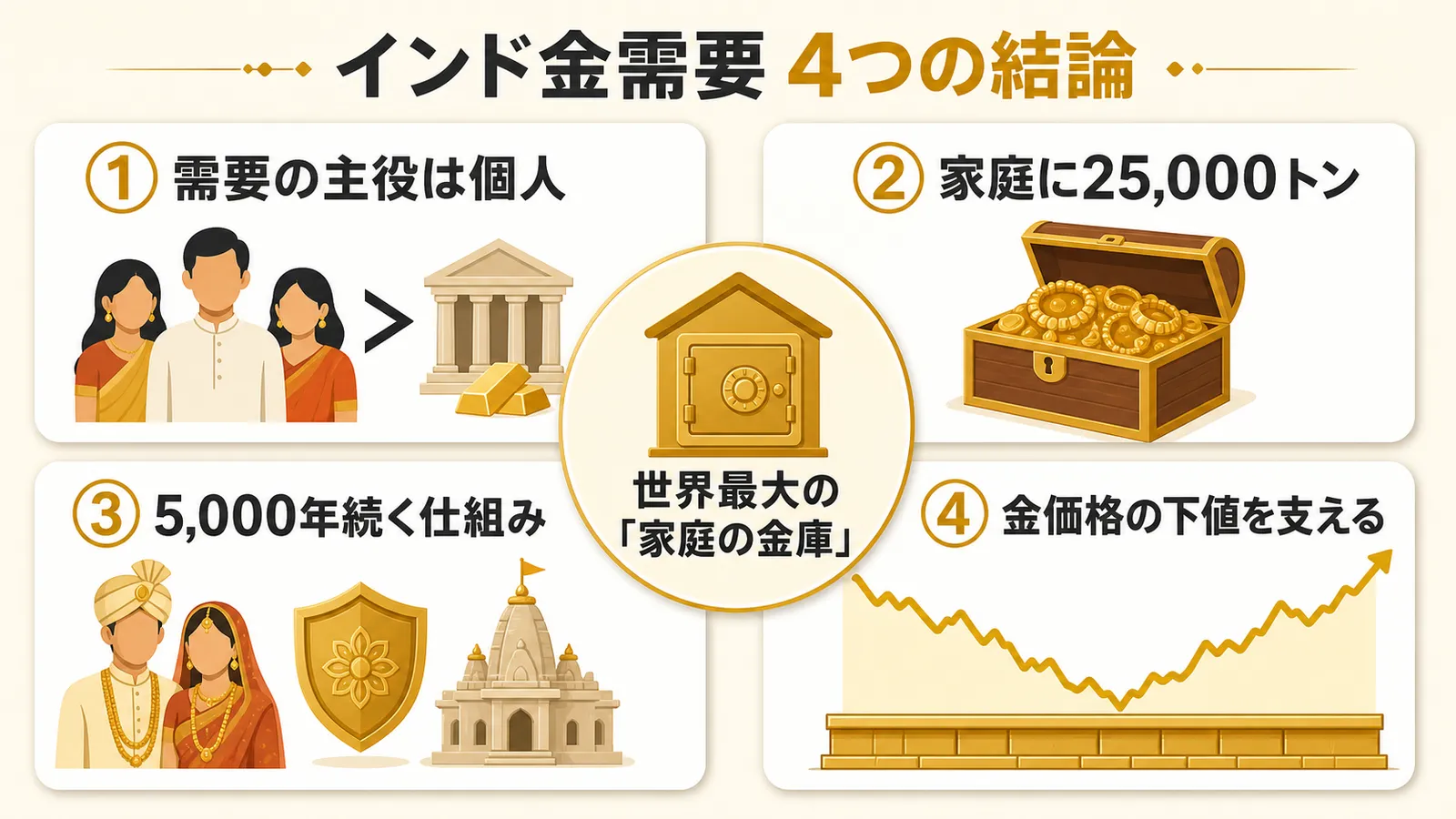 インドの金需要に関する4つの結論をまとめた図解