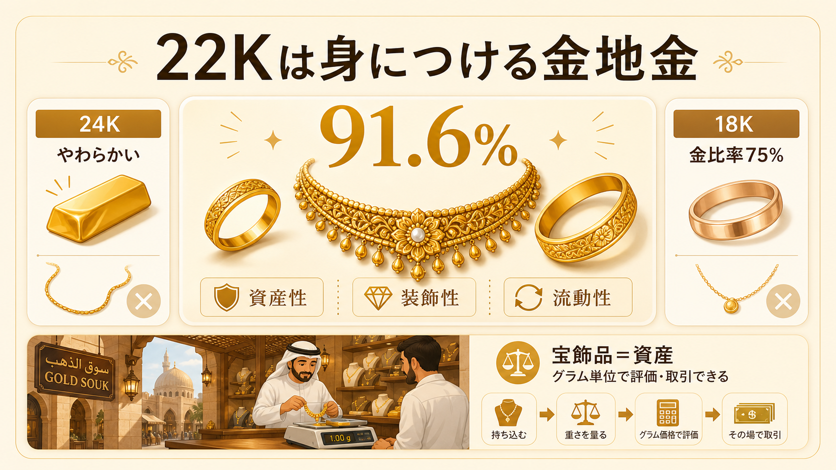 22Kを身につけられる金地金として説明する図解