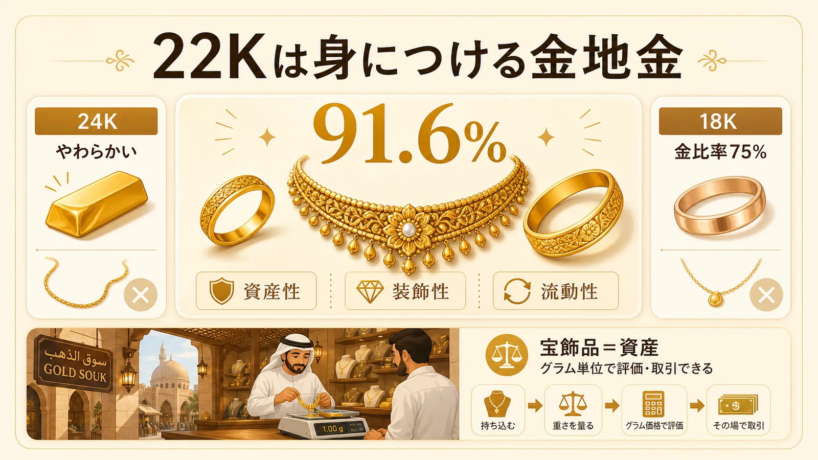 22Kを身につけられる金地金として説明する図解