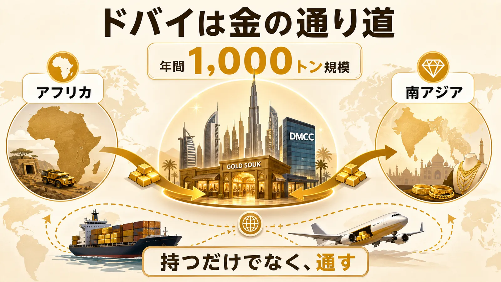 ドバイGold SoukとDMCCが金のクロスロードになる構造の図解