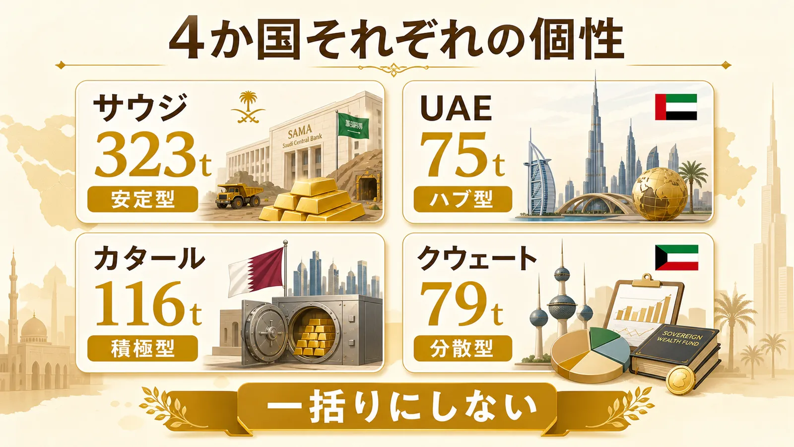 サウジ・UAE・カタール・クウェート4か国それぞれの金との関わり方の図解