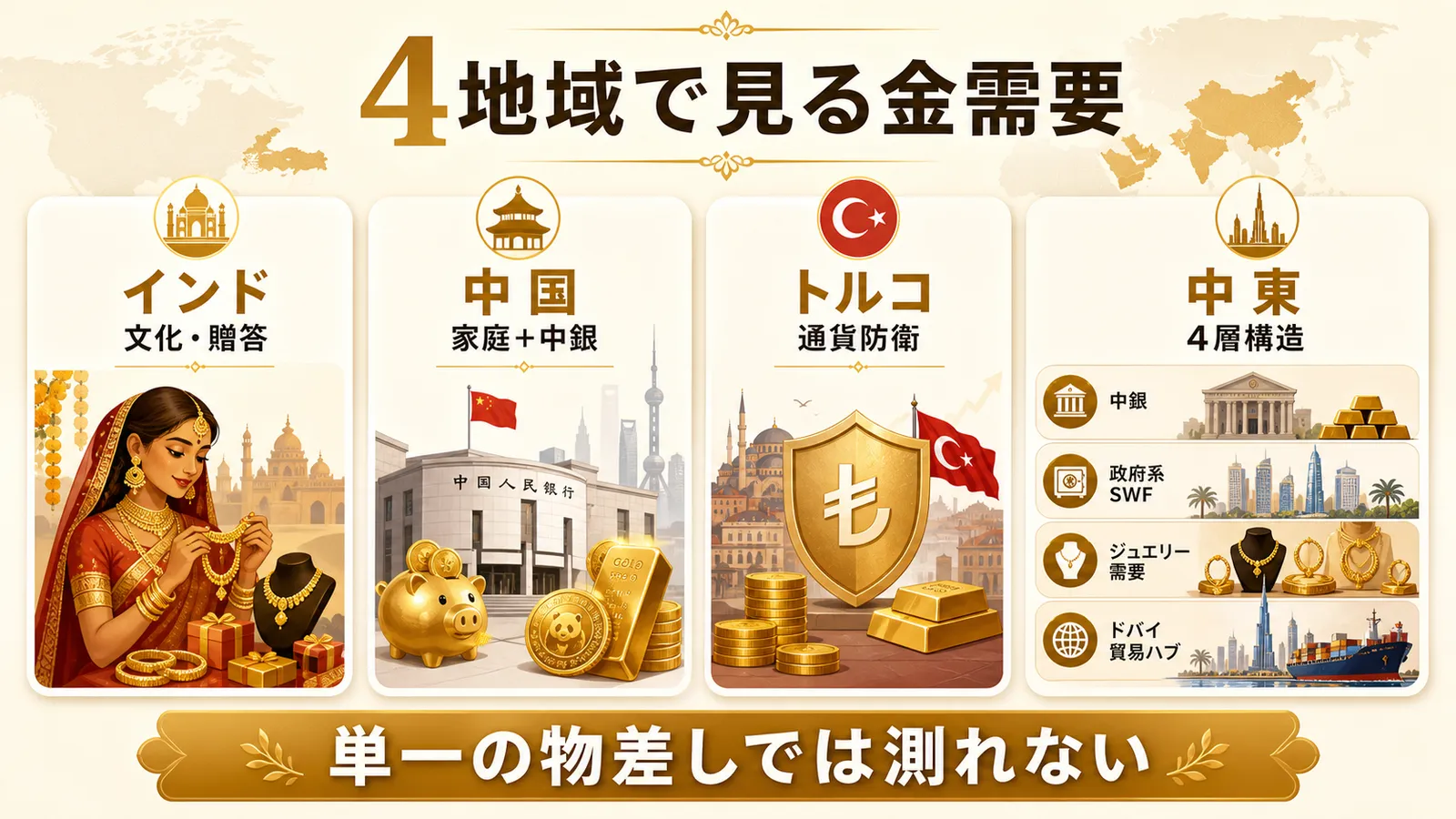 インド・中国・トルコ・中東の金需要構造を比較する図解