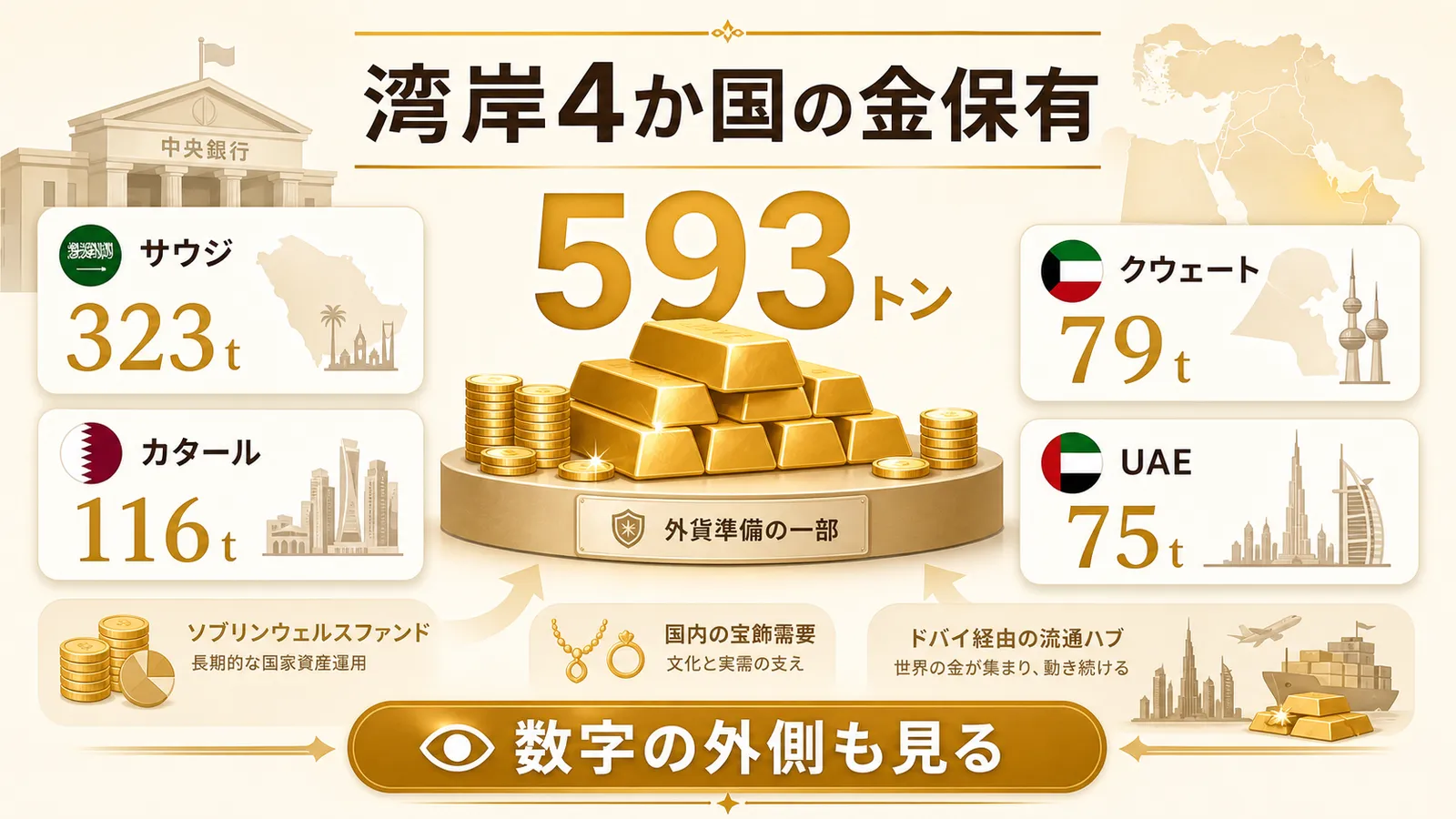 湾岸4か国の中央銀行金保有と、数字の外側にあるSWF・宝飾・金フローの図解
