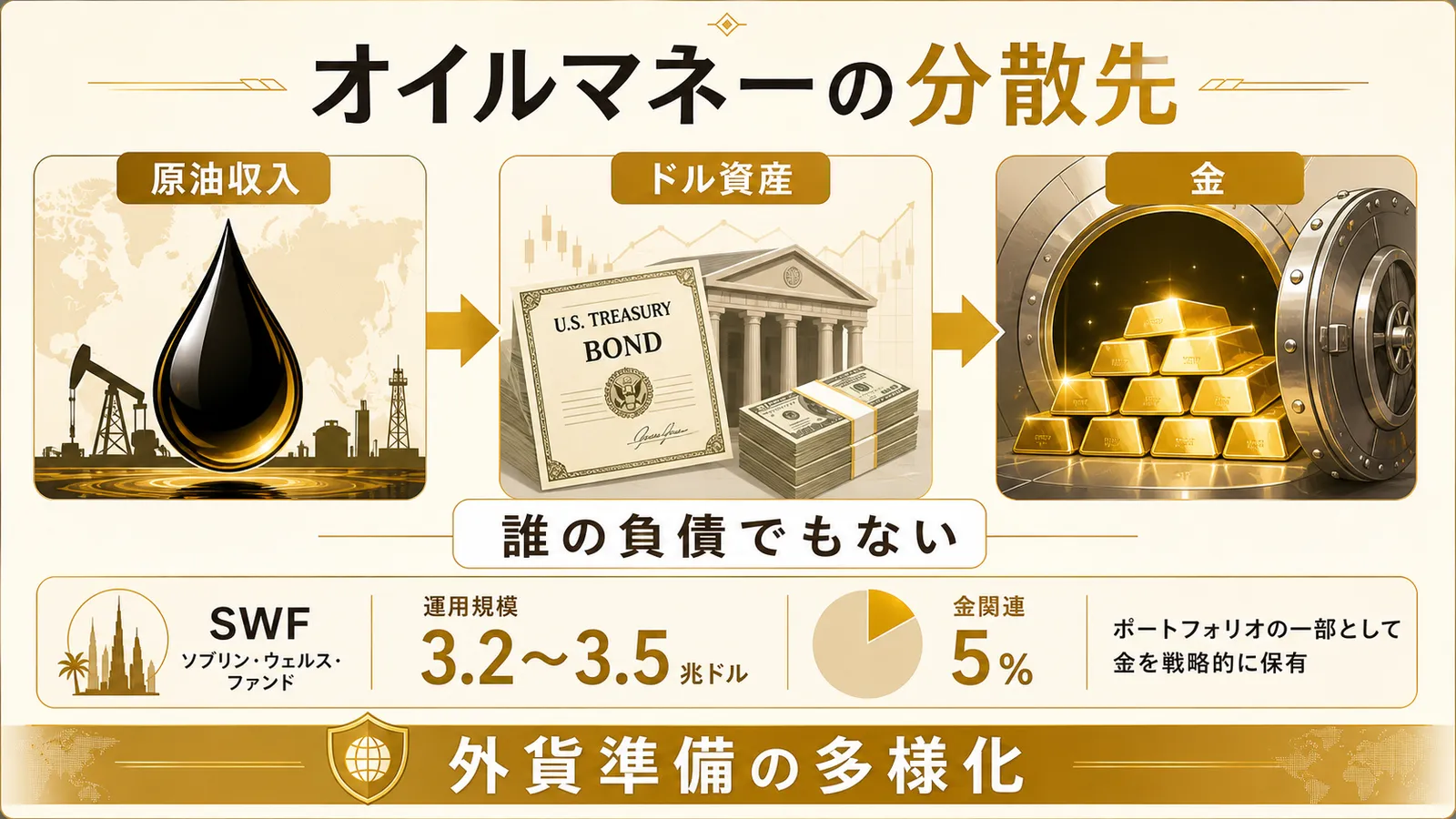 オイルマネーが米国債やドル預金から金へ分散される流れの図解