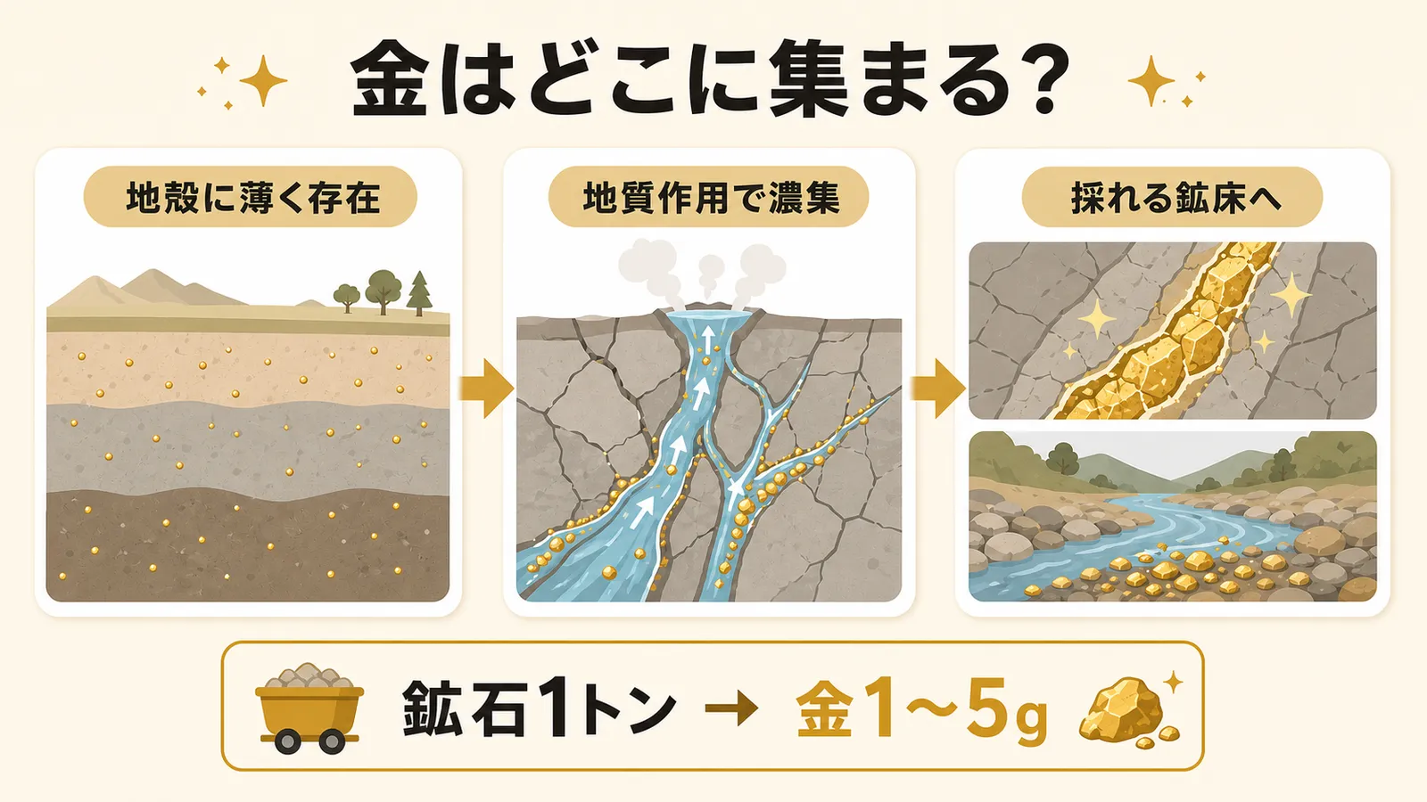金が地殻に薄く存在し、地質作用で採掘可能な鉱床へ濃集する流れを示す図解