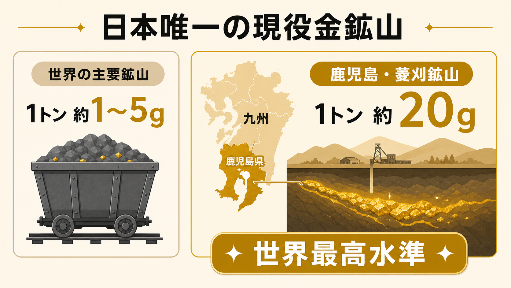 世界の主要鉱山と鹿児島県の菱刈鉱山の金品位を比較する図解