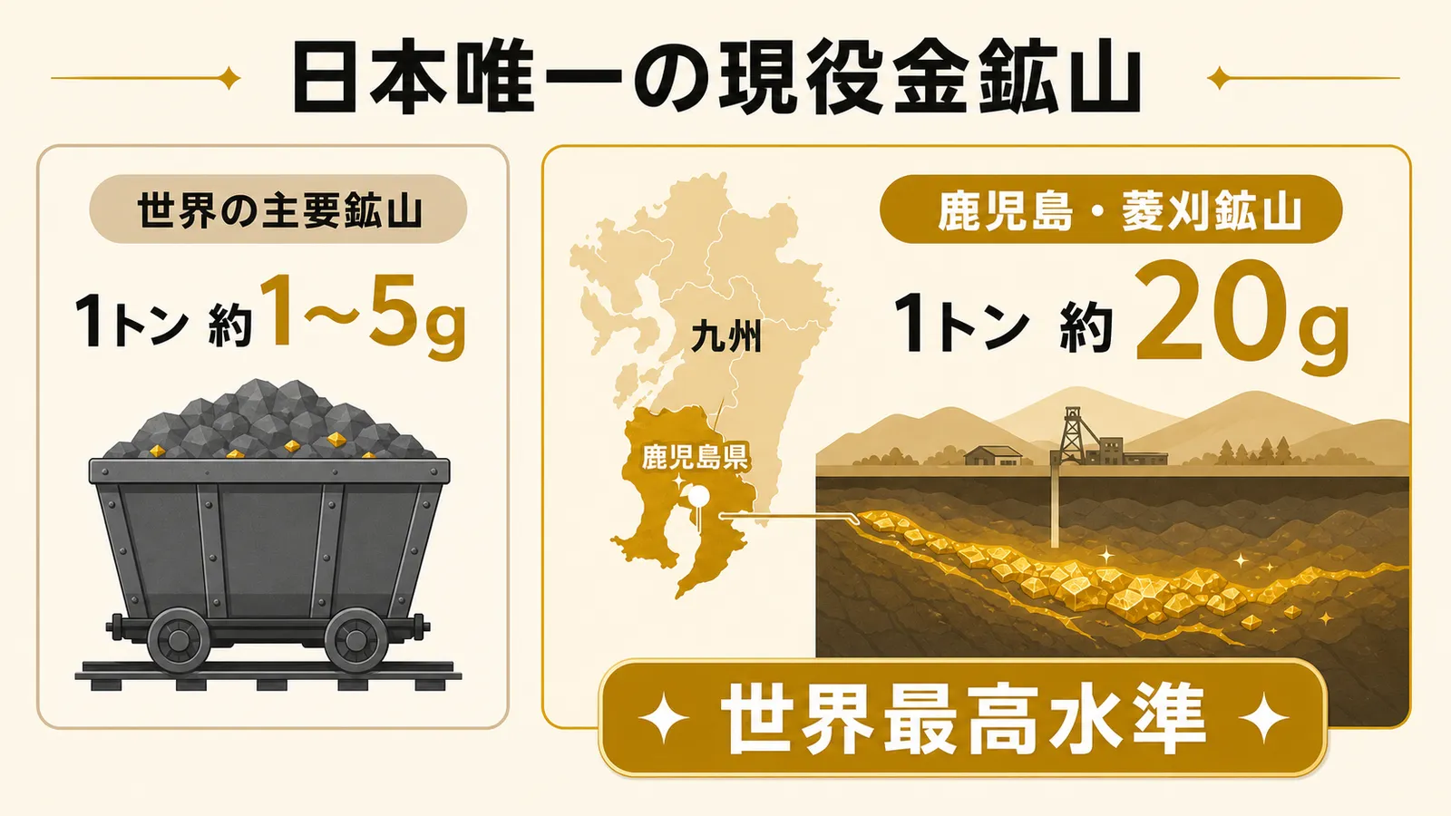 世界の主要鉱山と鹿児島県の菱刈鉱山の金品位を比較する図解