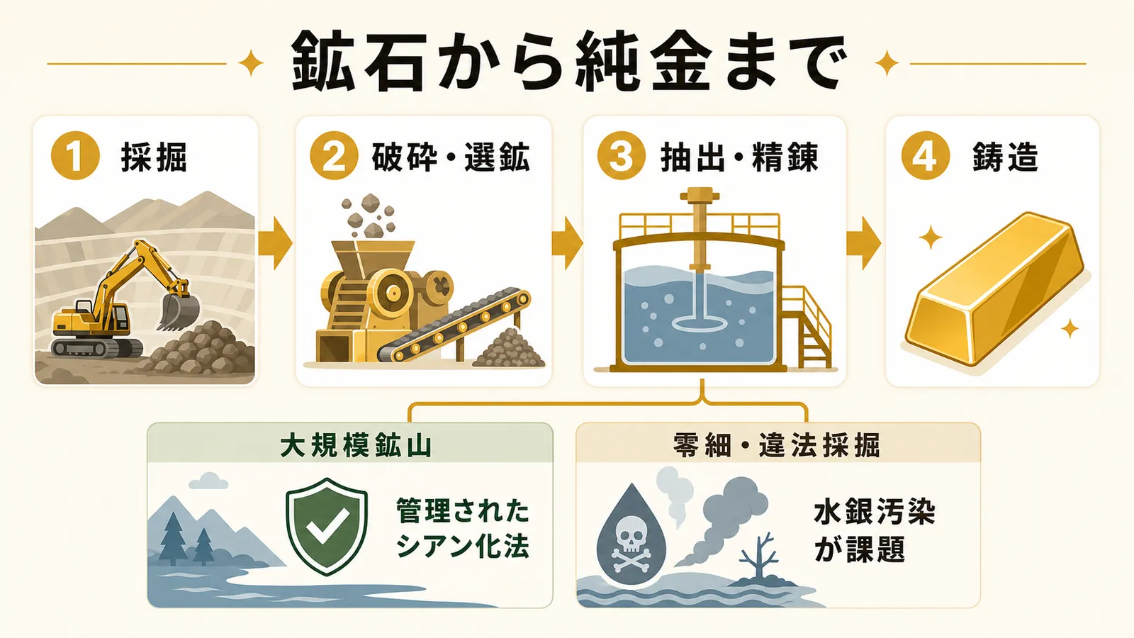金鉱石が採掘から鋳造までの工程を経て純金になり抽出工程に環境課題があることを示す図解