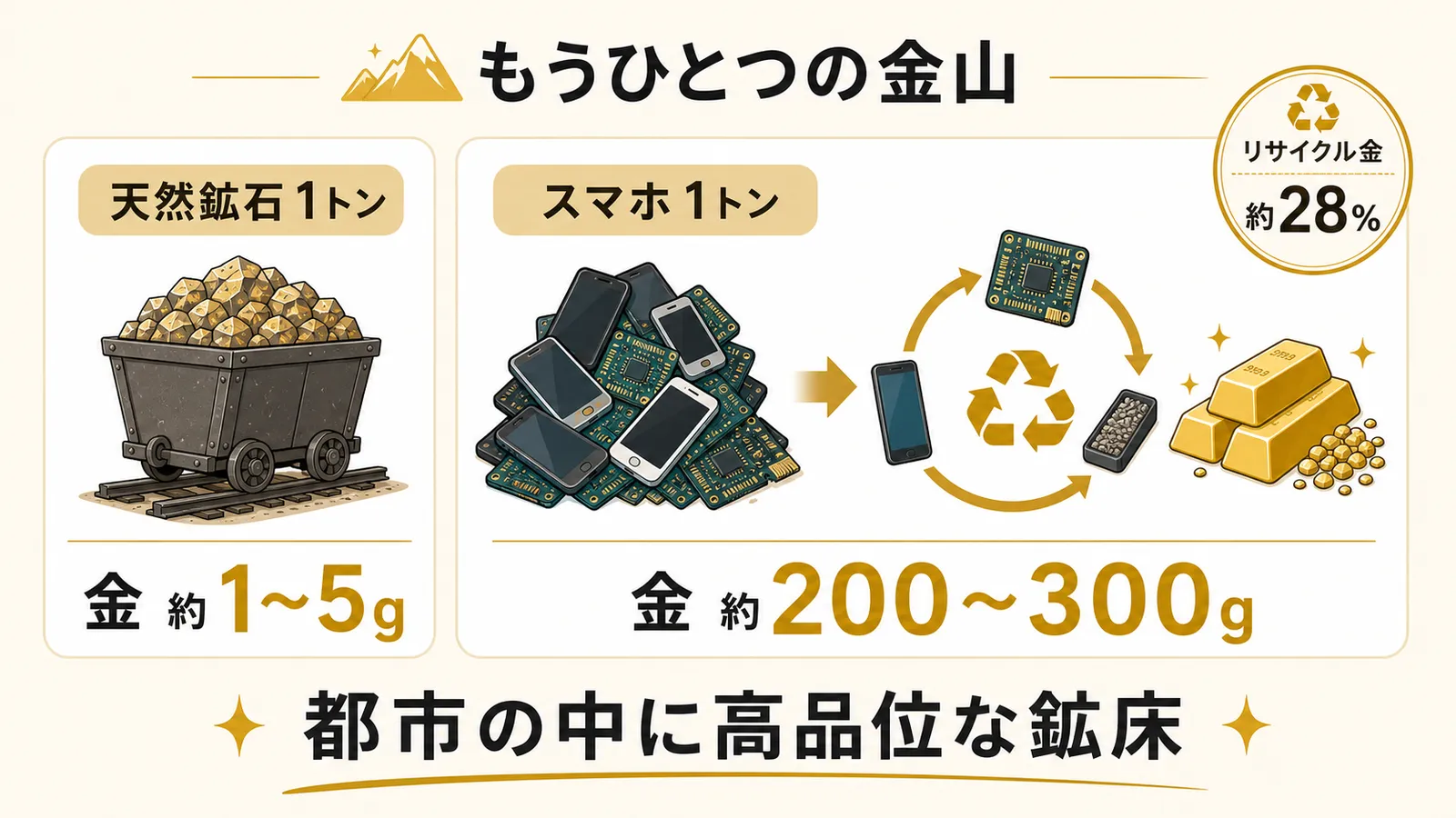 天然鉱石とスマートフォン1トンあたりの金含有量を比較する都市鉱山の図解