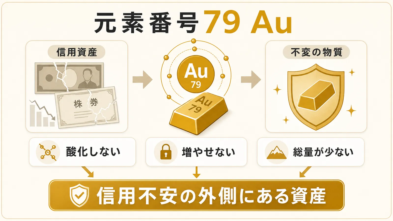 元素番号79の金が信用不安の外側にある不変の資産であることを示す図解
