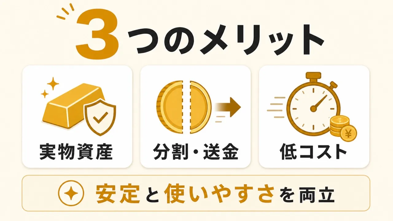金担保ステーブルコインの3つのメリットである実物資産、分割・送金、低コストをまとめた図解