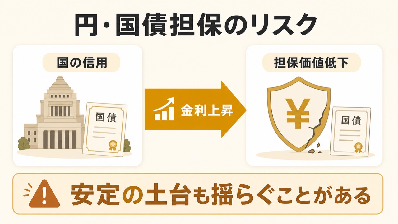 円や国債を担保にするステーブルコインは国の信用や金利上昇で担保価値が揺らぐリスクがあることを示す図解