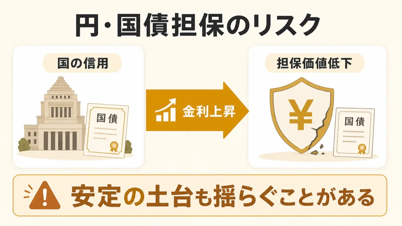 円や国債を担保にするステーブルコインは国の信用や金利上昇で担保価値が揺らぐリスクがあることを示す図解