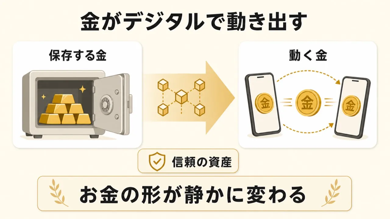 保存する金からデジタルで動く金へ変わり、金が信頼の資産として新しい形になる流れを示す図解