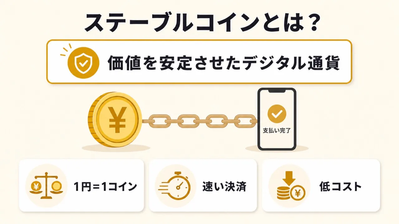 ステーブルコインは価値を安定させたデジタル通貨で、速い決済と低コストが特徴であることを示す図解