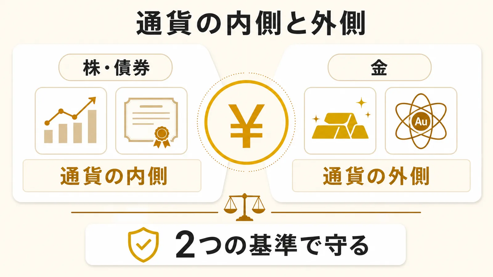 株や債券は通貨の内側、金は通貨の外側にある基準として資産を守ることを示す図解