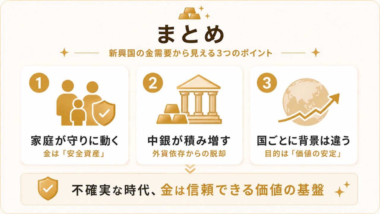新興国の金需要から見える3つのポイントのまとめ図解