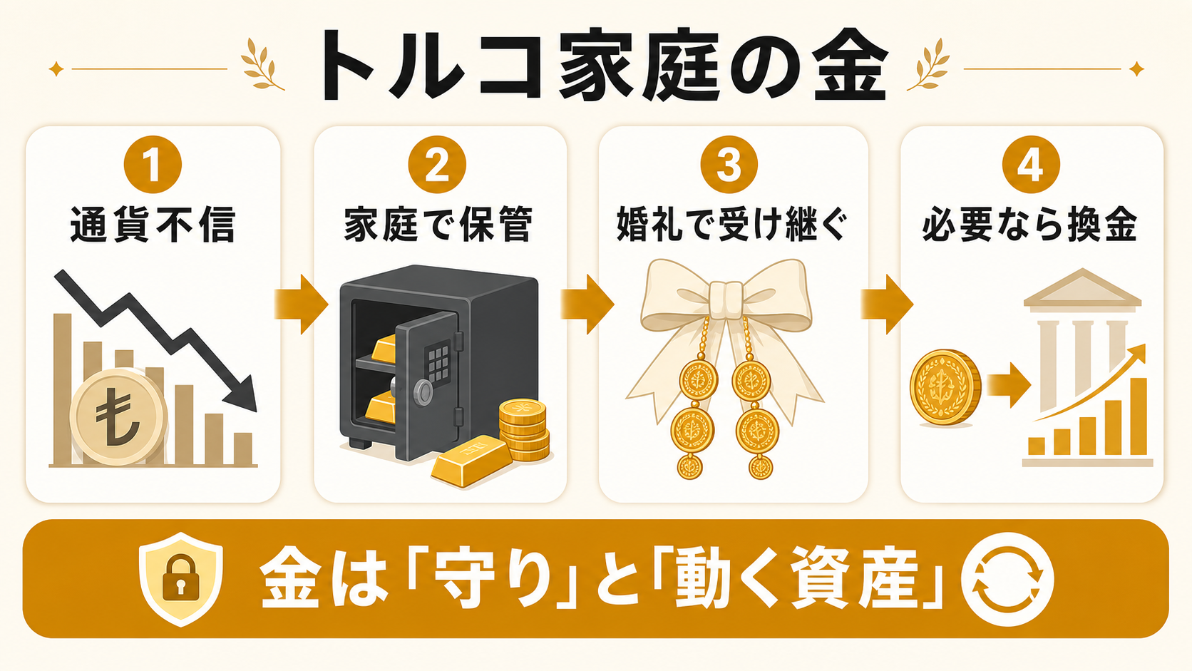 通貨不信から家庭保管、婚礼、換金へ続くトルコ家庭の金の流れを示す図解