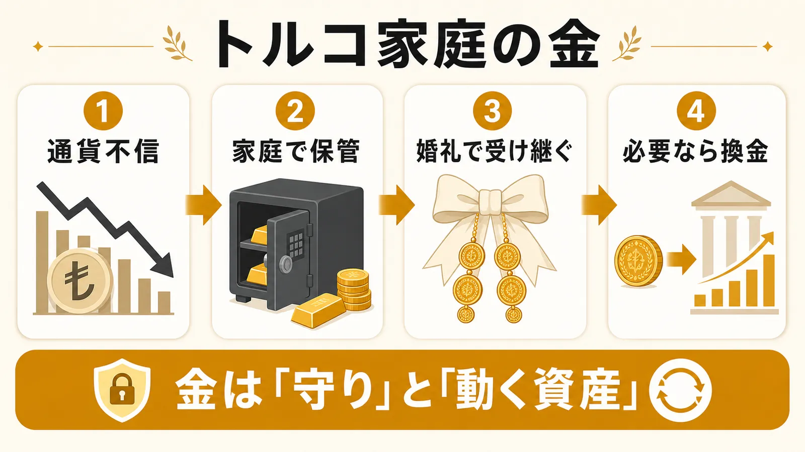 通貨不信から家庭保管、婚礼、換金へ続くトルコ家庭の金の流れを示す図解