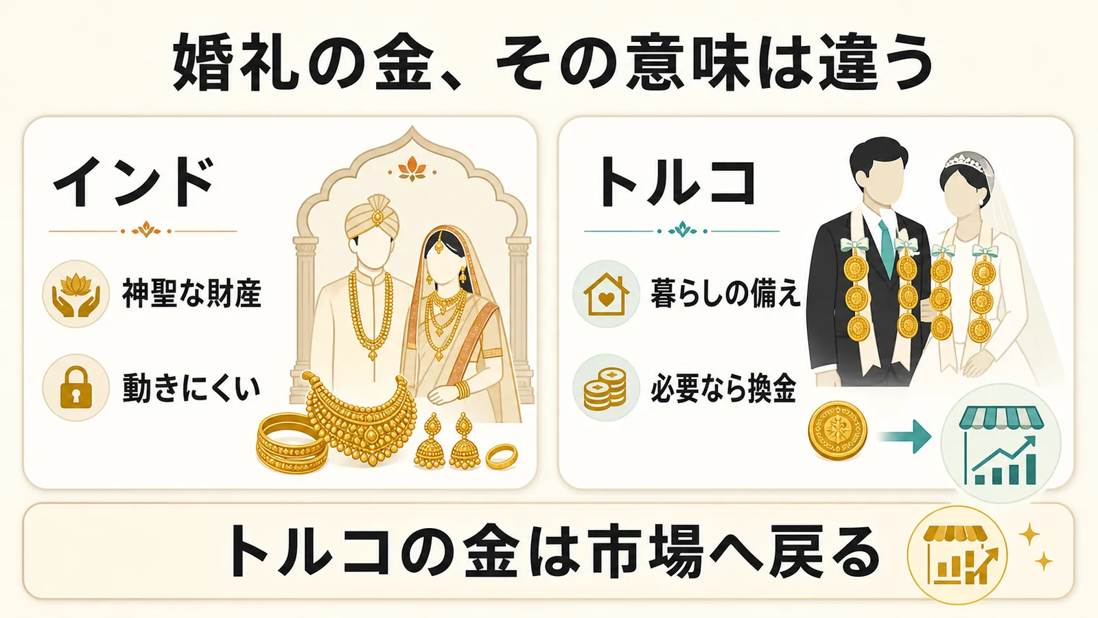 インドとトルコで異なる婚礼の金の意味を比較した図解