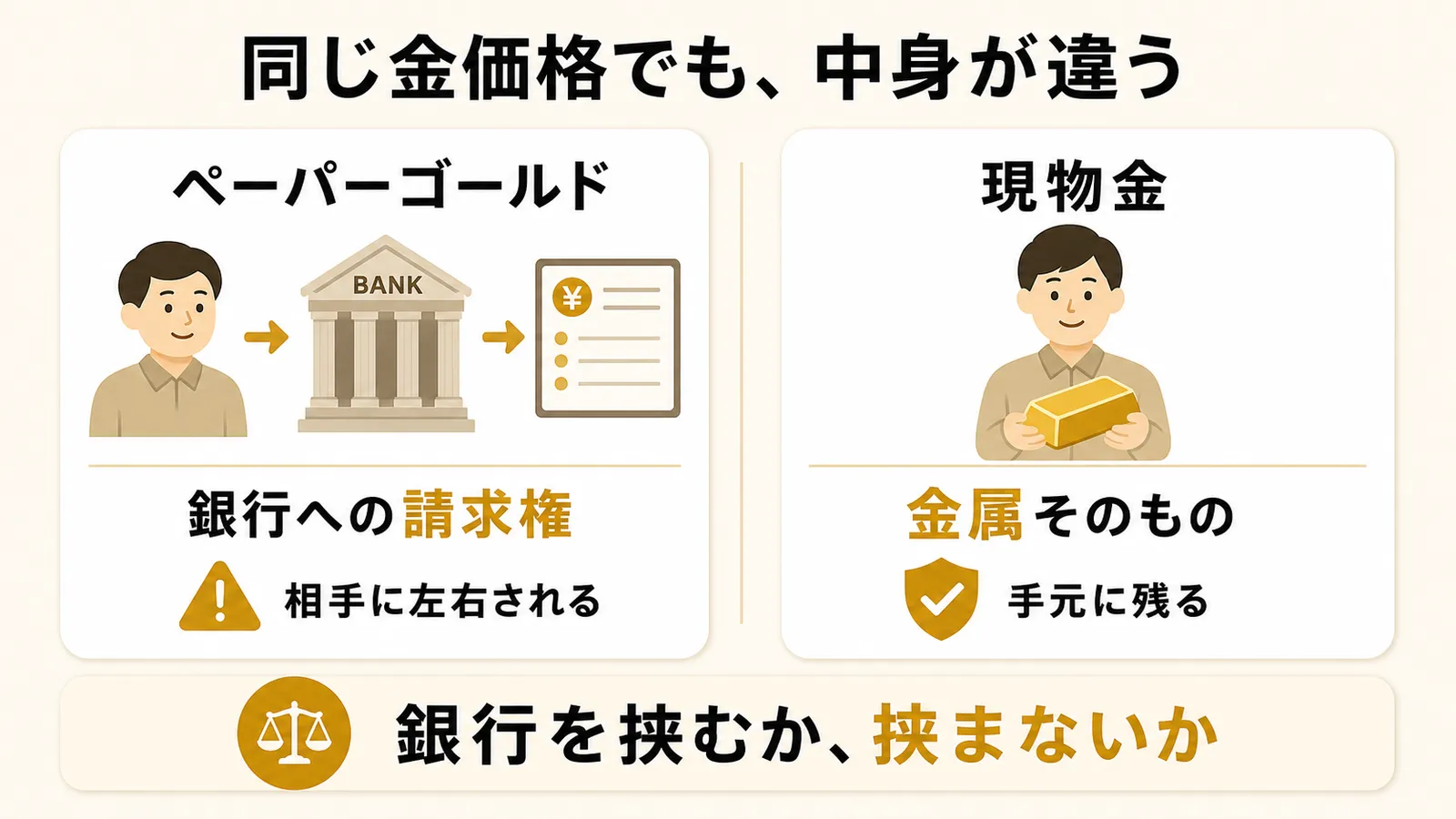 銀行と取引所という経路に依存する銀行ごしの金と、経路に依存しない手元の現物金の違いを対比した図解