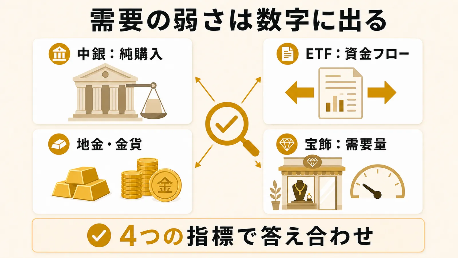 中銀の純購入・ETFの資金フロー・地金金貨・宝飾の需要量という4つの観測指標で需要の弱さを確認できることを示す図解