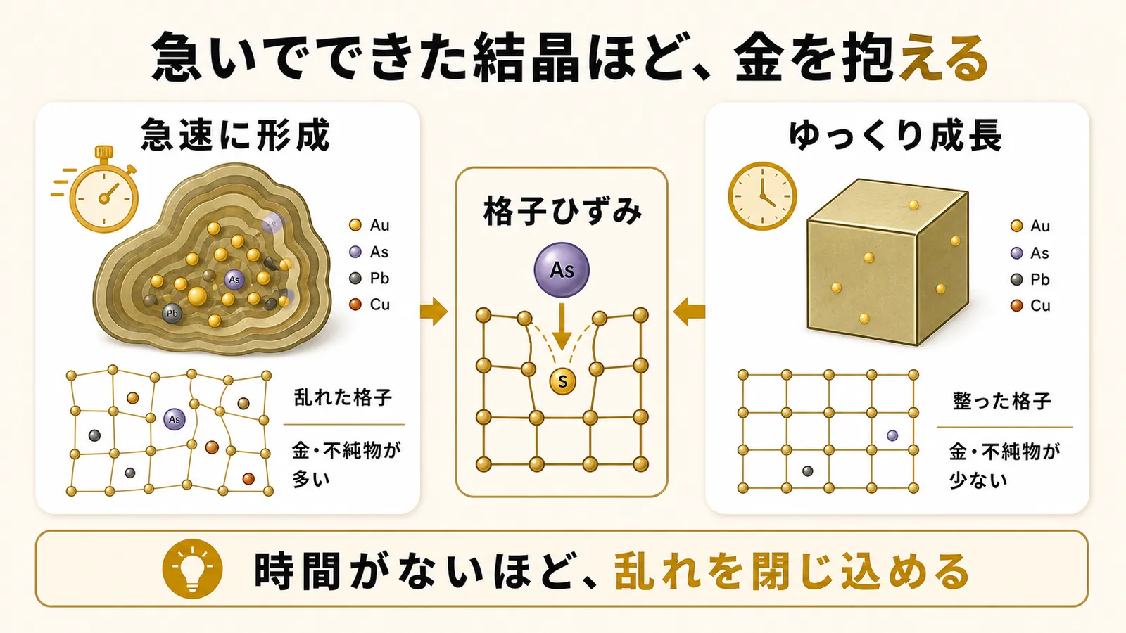 急速に形成されたコロフォーム状黄鉄鉱は乱れた格子に金や不純物を多く抱え、ゆっくり成長した自形黄鉄鉱は少ないという対比と、ヒ素の置換で生じる格子ひずみを示した図解