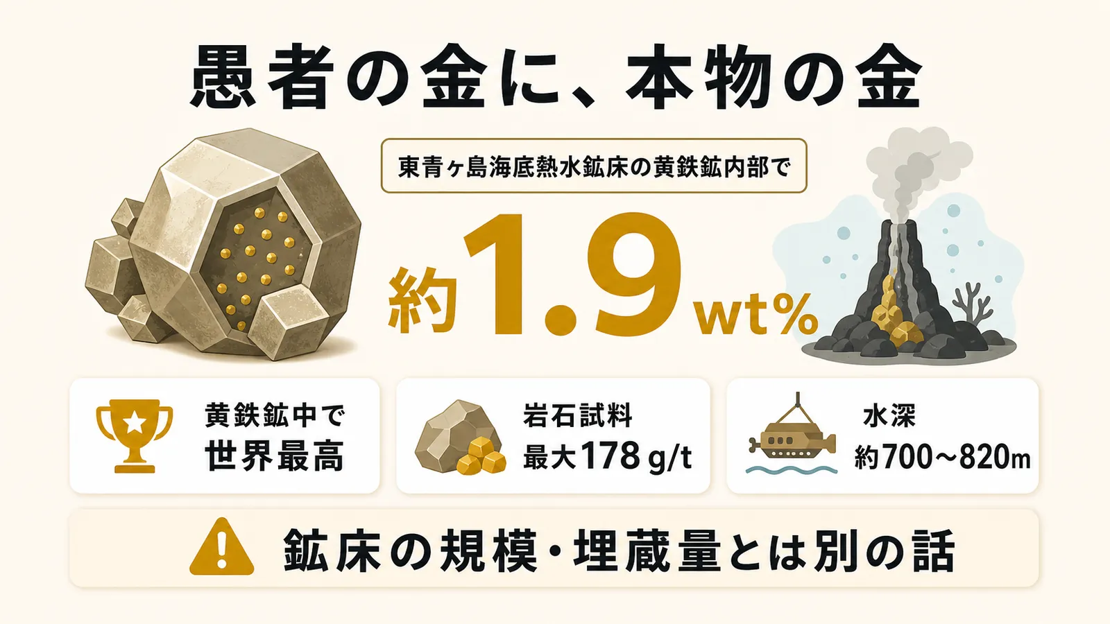 東青ヶ島海底熱水鉱床の黄鉄鉱から重量比約1.9%の金が見つかり、黄鉄鉱中の金濃度として世界最高である一方、鉱床の規模や埋蔵量とは別の話であることを整理した図解