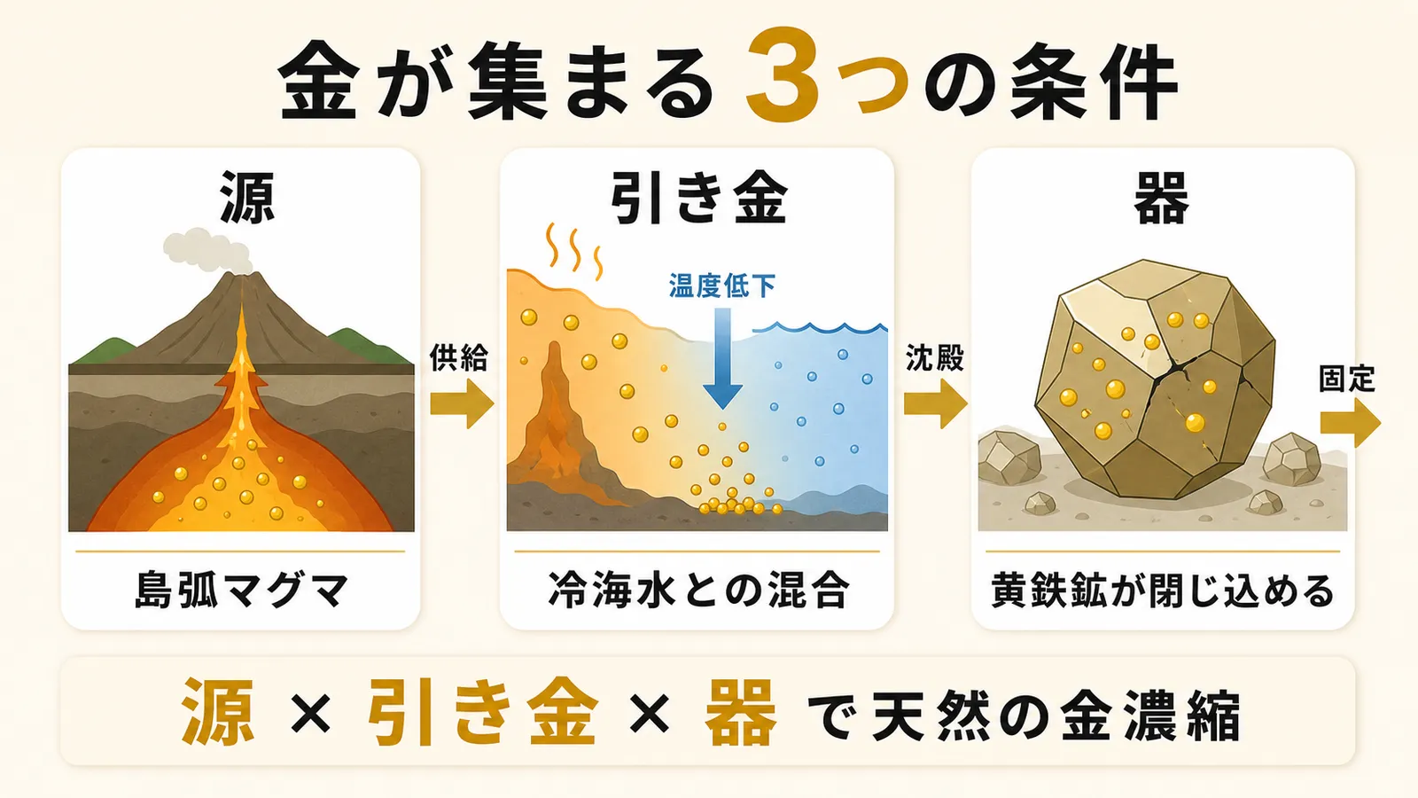 島弧マグマが金を供給し、冷海水との混合で温度が下がって金が沈殿し、黄鉄鉱が閉じ込めるという、金が集まる3つの条件(源・引き金・器)を示した図解