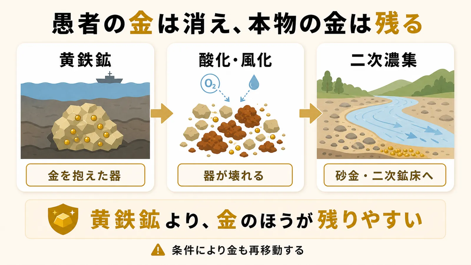 黄鉄鉱は酸化・風化で分解する一方、中に閉じ込められていた金は化学的に安定なため残りやすく、砂金や二次鉱床として濃集していく流れを示した図解