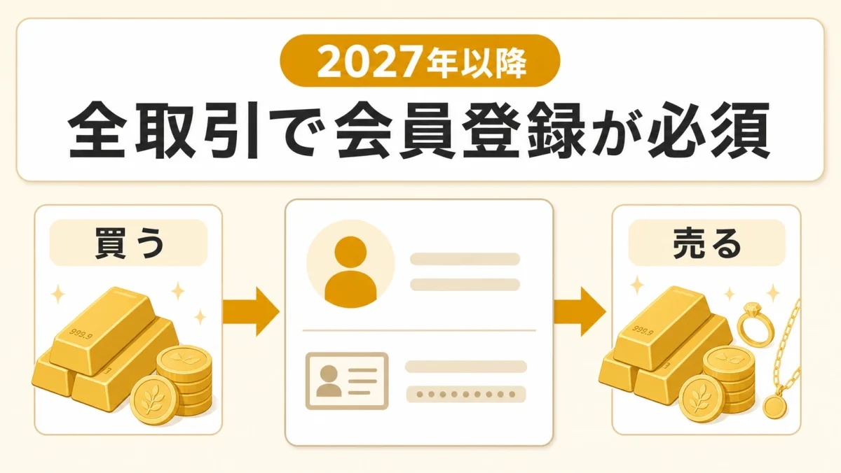2027年以降、金を買う場合も売る場合も全取引で会員登録が必須になる流れを示す図解