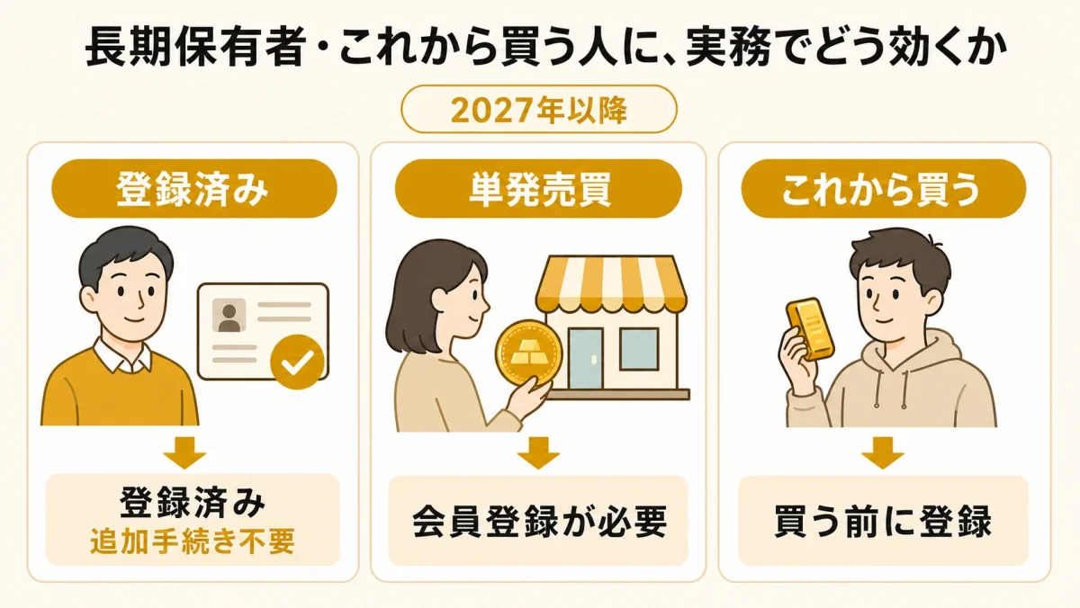 登録済みの人、直営店で単発売買する人、これから金を買う人への2027年以降の実務上の影響を比較した図解