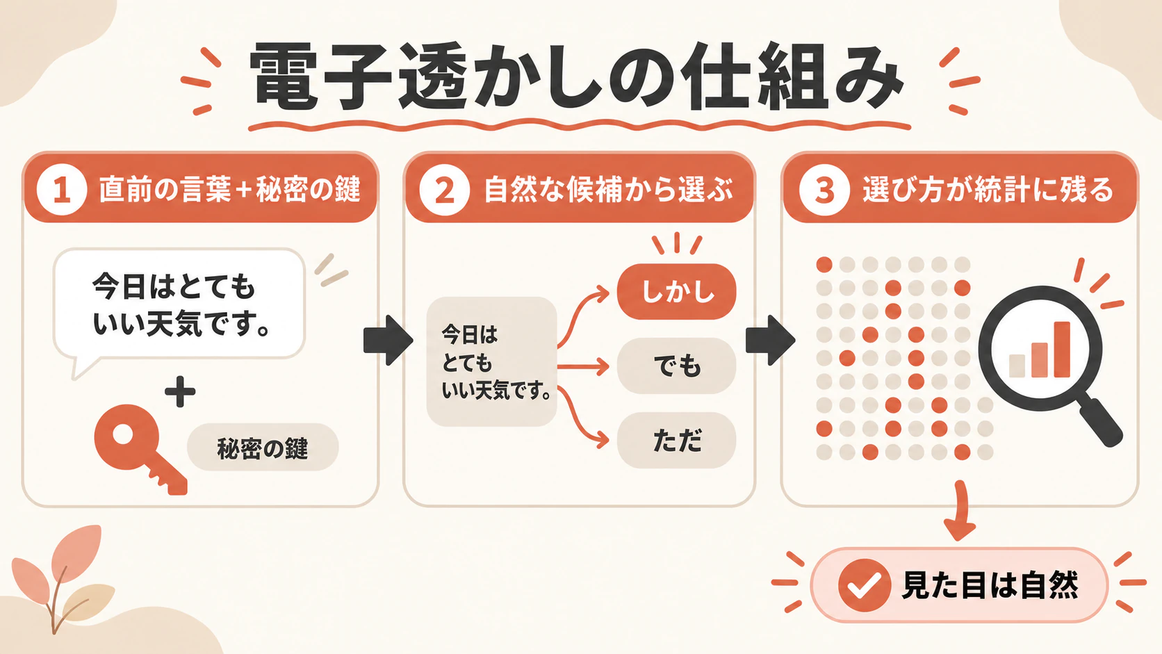 直前の言葉と秘密の鍵から「しかし・でも・ただ」のどれを選ぶかを決め、その選び方が統計として残る仕組みを示した図