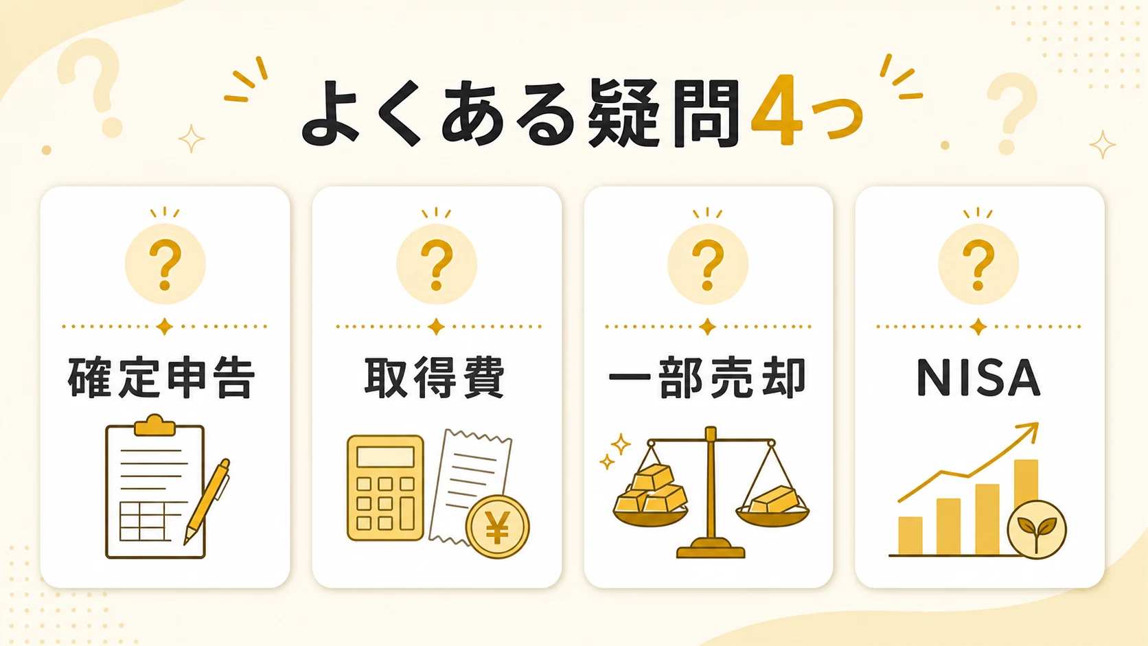 確定申告・取得費・一部売却・NISAというよくある疑問4つをまとめた図解