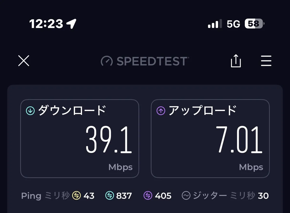 8月17日(月) 12:23の測定結果 下り39.1Mbps