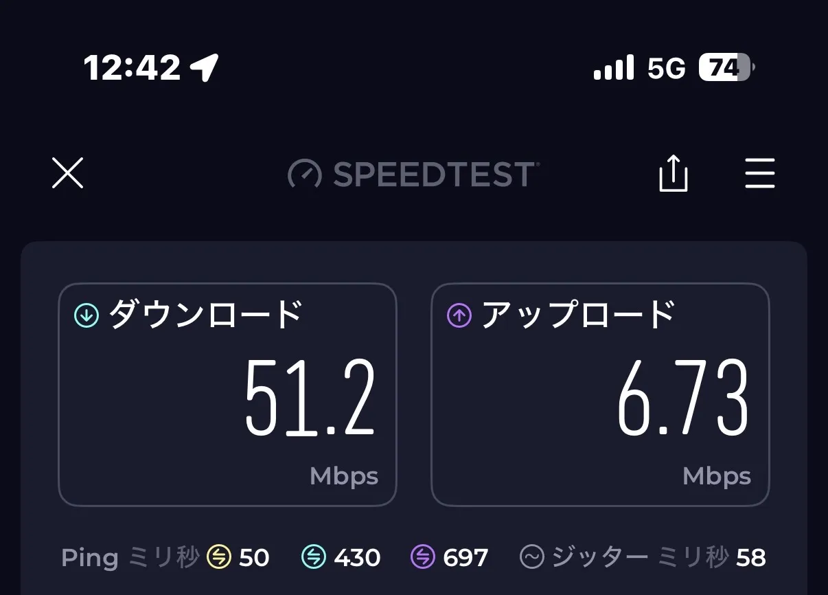 8月19日(水) 12:42の測定結果 下り51.2Mbps