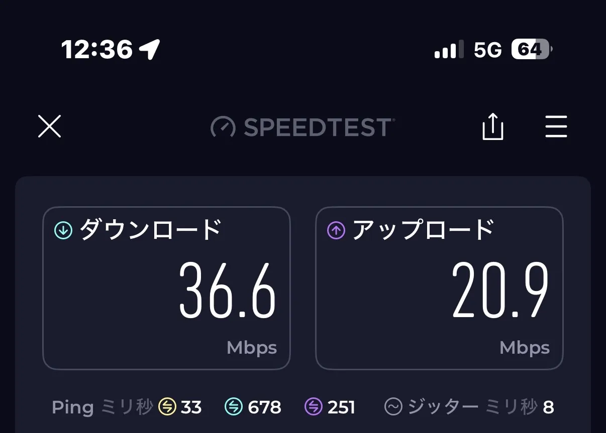 8月20日(木) 12:36の測定結果 下り36.6Mbps